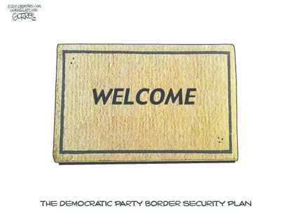 Political cartoon U.S. welcome mat Democratic party border security plan