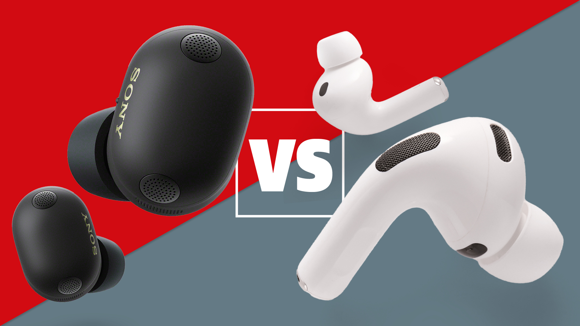 Black Sony WF-1000XM6 and white Apple AirPods Pro 3 earbuds on a red and grey background with a white versus sign between them.