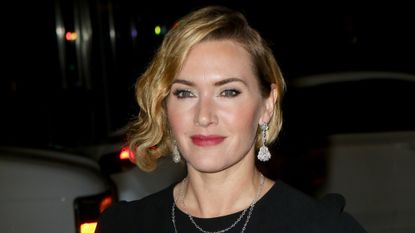 Kate Winslet arriving at a black tie do with pink lipstick