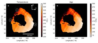This maps chart the the temperature and lava crust age within Loki Patera, a huge volcanic crater on Jupiter's moon Io. The higher temperatures in the southeast (location 3) indicate that new magma was exposed most recently in this location.