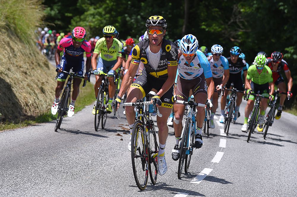 Thomas Voeckler and Alexis Vuillermoz are caught by the bunch during stage 5 at the Criterium du Dauphine.