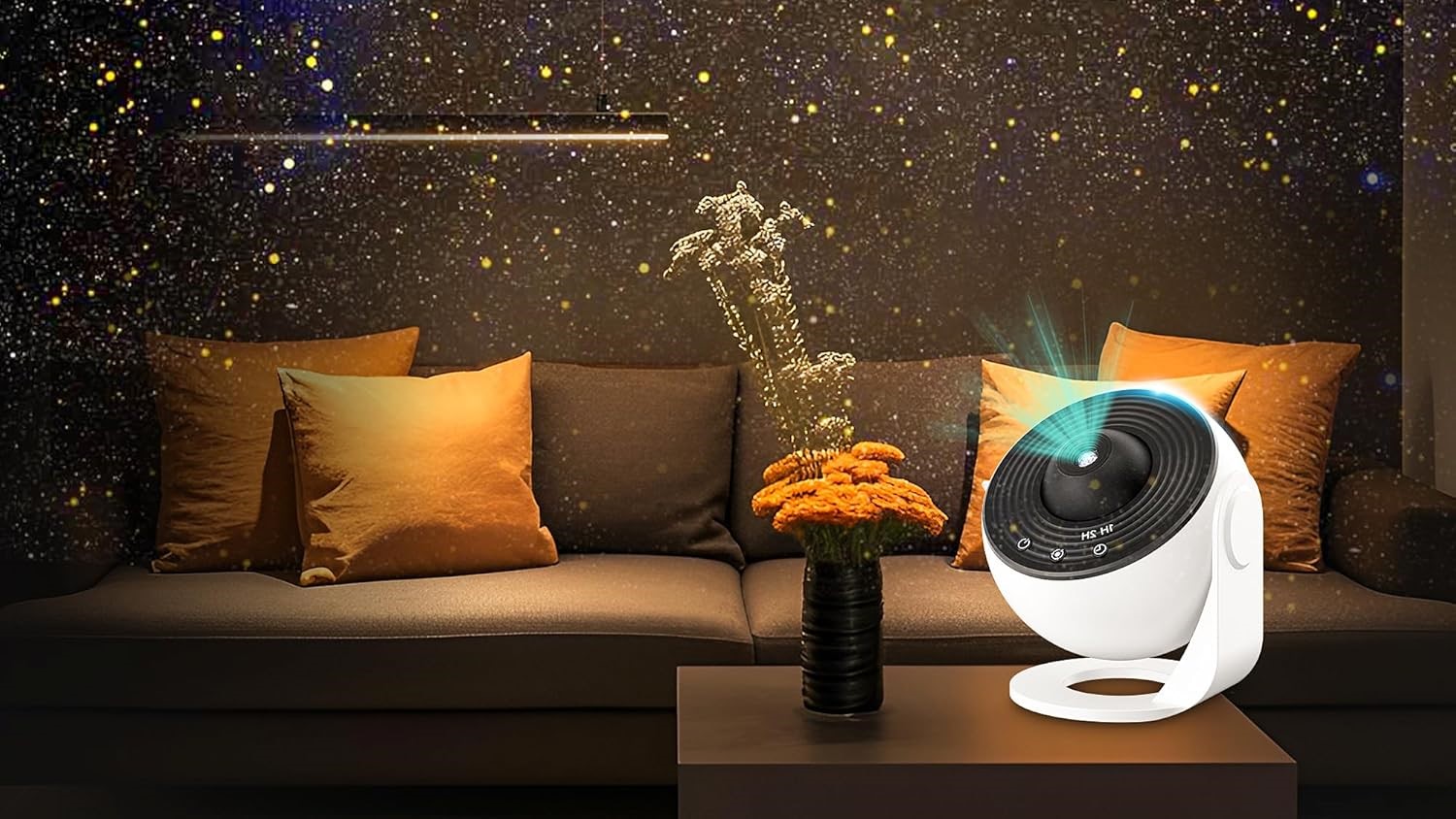 Fussion Planetarium Projector on a table projecting stars onto a living room wall