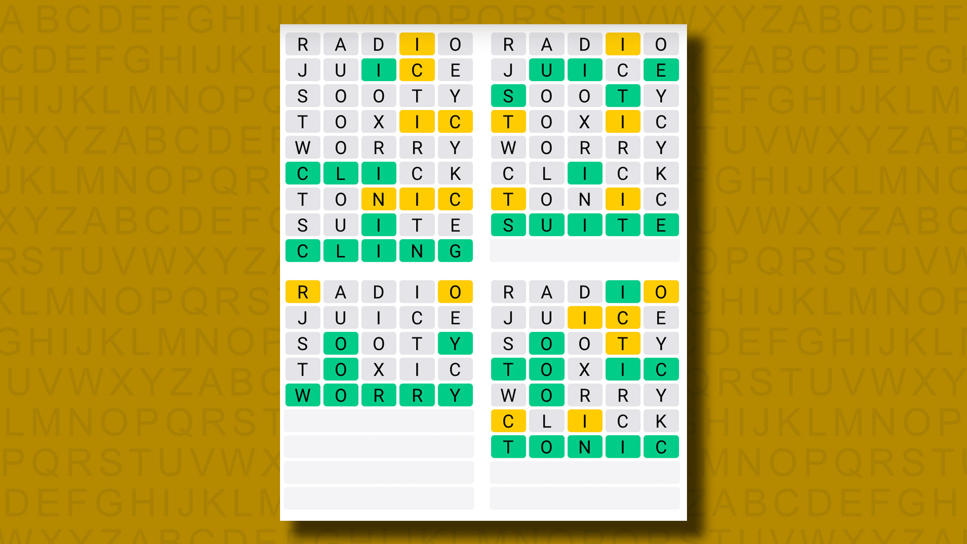 Quordle answers for game 1073 on a yellow background