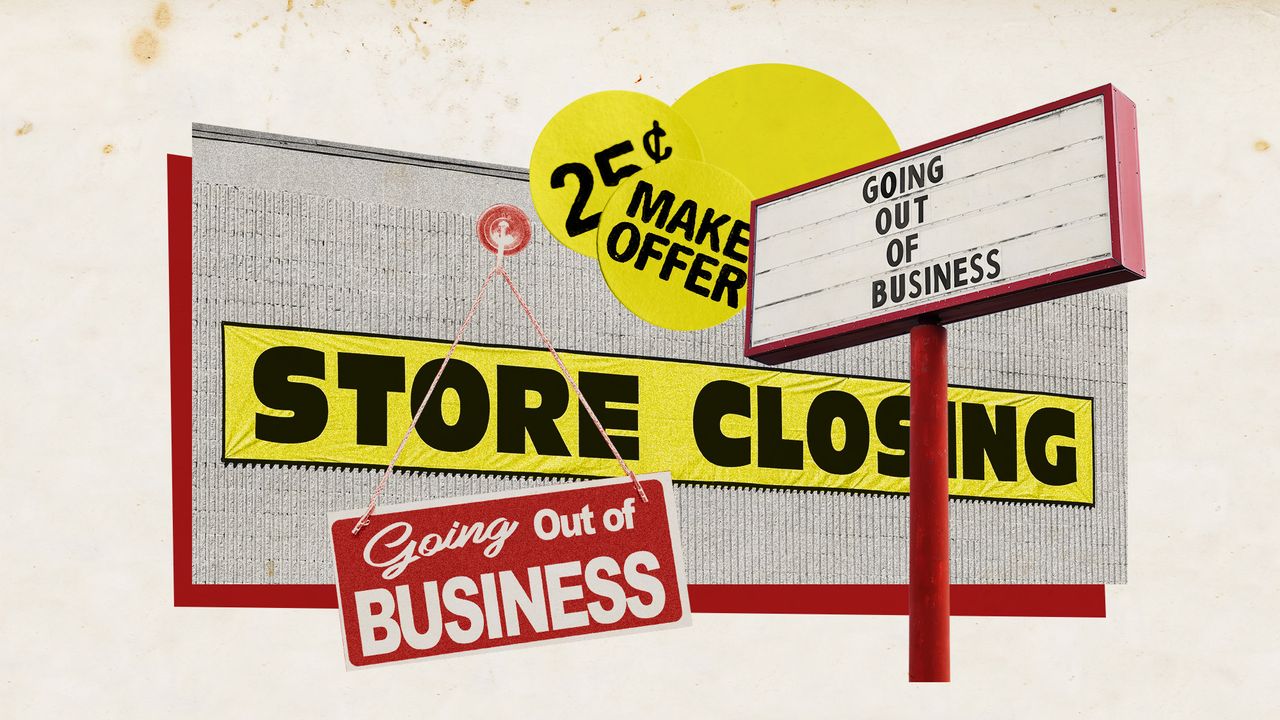 Photo collage of various store closing signs, going out of business signs, as well as discount and sale stickers.