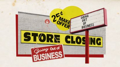 Photo collage of various store closing signs, going out of business signs, as well as discount and sale stickers.