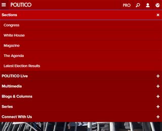 Politico’s slideout responsive sub-menus, visible to mobile users