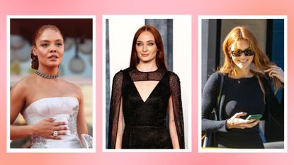 Copper hair trend: Tessa Thompson, Sophie Turner and Kendall Jenner pictured with copper hair in an orange and peach 3-picture template