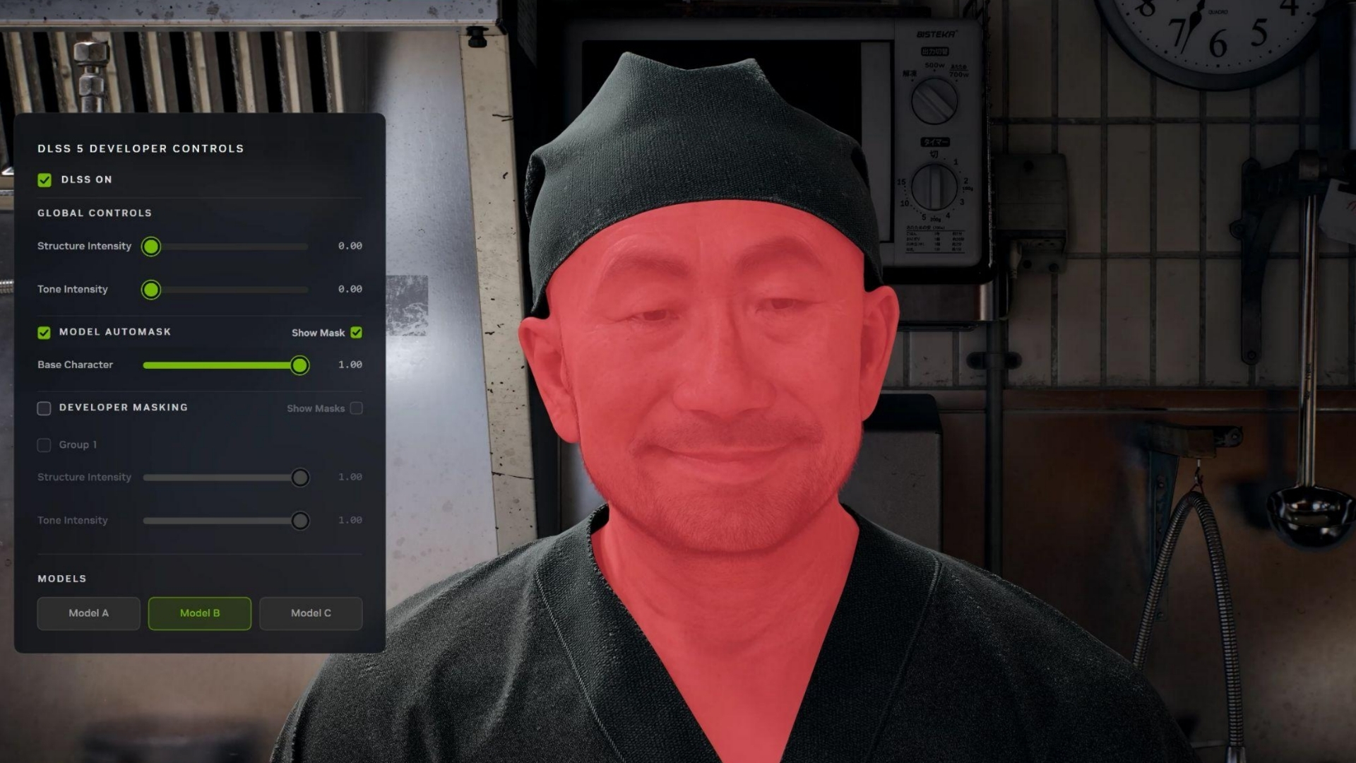 An example of DLSS 5's dev controls and object masking and recognition