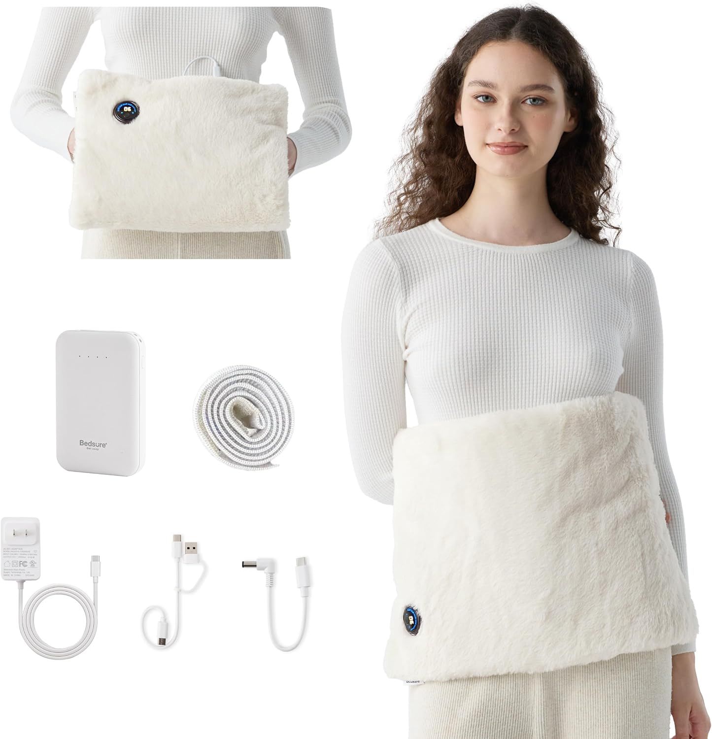 Bedsure Portable Heating Pad for Abdomen, Hands & Body - Cordless Electric Heating Warmer With 6 Heat Levels, Auto Shut-Off, 4-10h Battery Life, Faux Fur, Gift for Women & Mom, White, 12.5x19 in