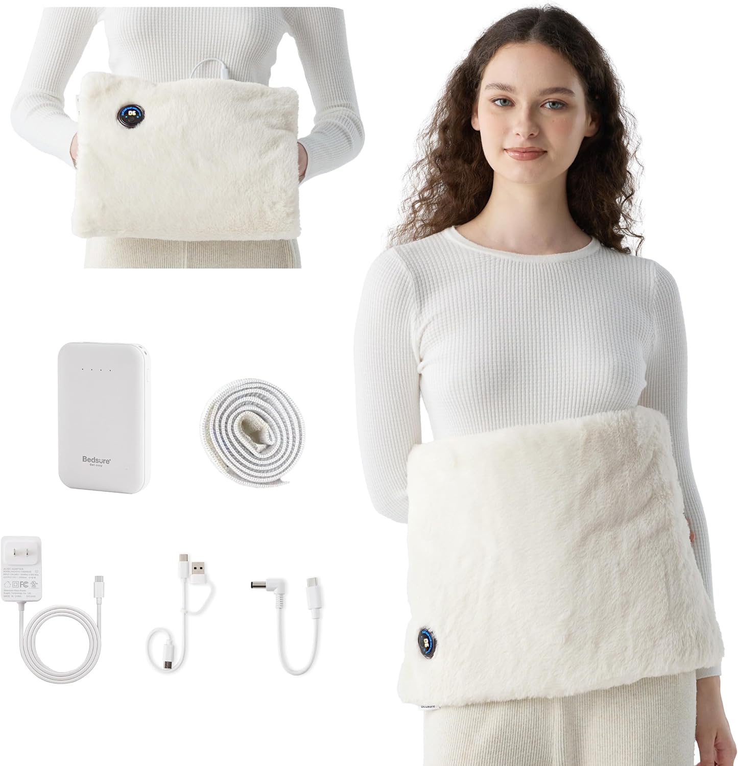 Bedsure Portable Heating Pad for Abdomen, Hands &amp;amp; Body - Cordless Electric Heating Warmer With 6 Heat Levels, Auto Shut-Off, 4-10h Battery Life, Faux Fur, Gift for Women &amp;amp; Mom, White, 12.5x19 in