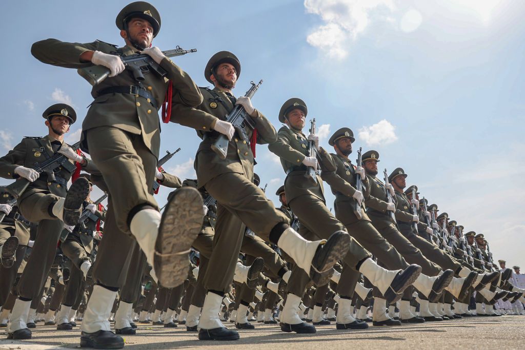 Iranian soldiers take part in a military parade during a ceremony marking the country&#039;s annual army day on April 17, 2024 in Tehran, Iran.