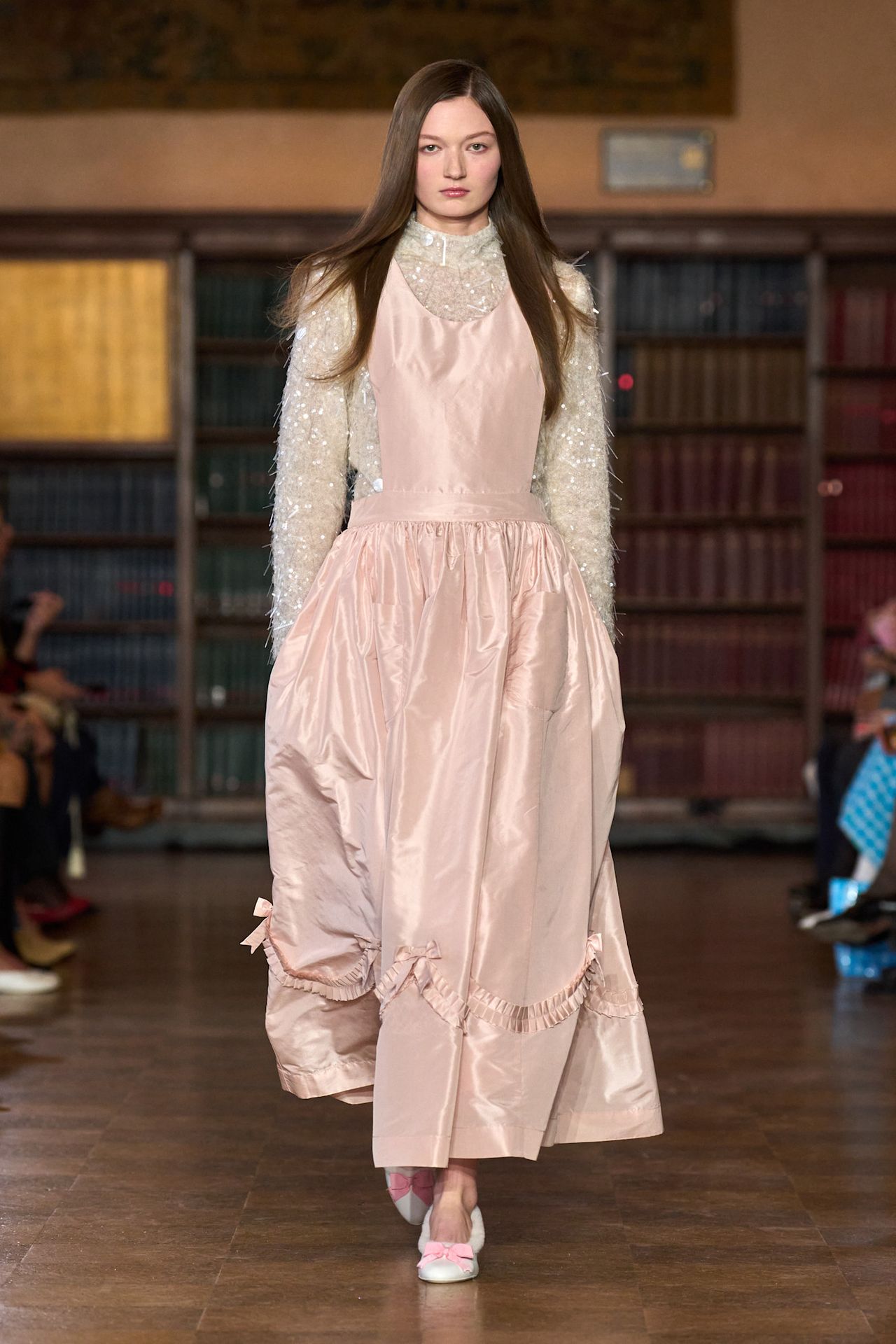 models walk the Sandy Liang Fall 2026 fashion show runway wearing slipper shoes