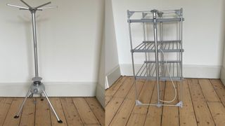 DrySoon Deluxe 3-Tier Heated Airer next to the DrySoon Pod Heated Airer