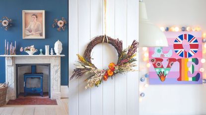 compilation of three images showing creative ways to decorate your house after Christmas decorations are taken down, including a decorated mantel a seasonal door wreath and pom pom fairy lights