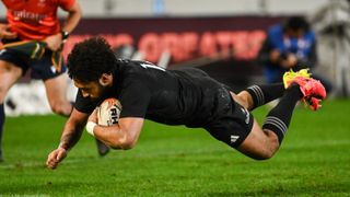 Fehi Fineanganofo of New Zealand All Blacks scoring a try during the Rugby's Greatest Rivalry match between Hollywoodbets Sharks and New Zealand