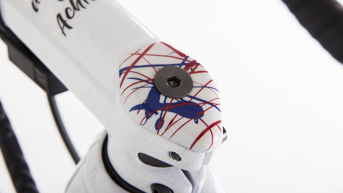 The design extends to the steerer top cap, while the stem is a plain white design