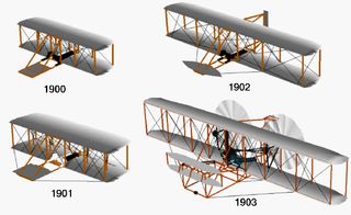 A diagram showing the evolution of the Wright Brothers' airplane design, culminating in the vehicle that achieved humanity's first powered flight in 1903.
