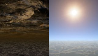 This artist's illustration shows what the skies may look like on different alien planets. On the left is a cloudy planet, while on the right is a planet with clear skies that may resemble the sky of exoplanet HAT-P-11b, a Neptune-size world thought to have water in its atmosphere.
