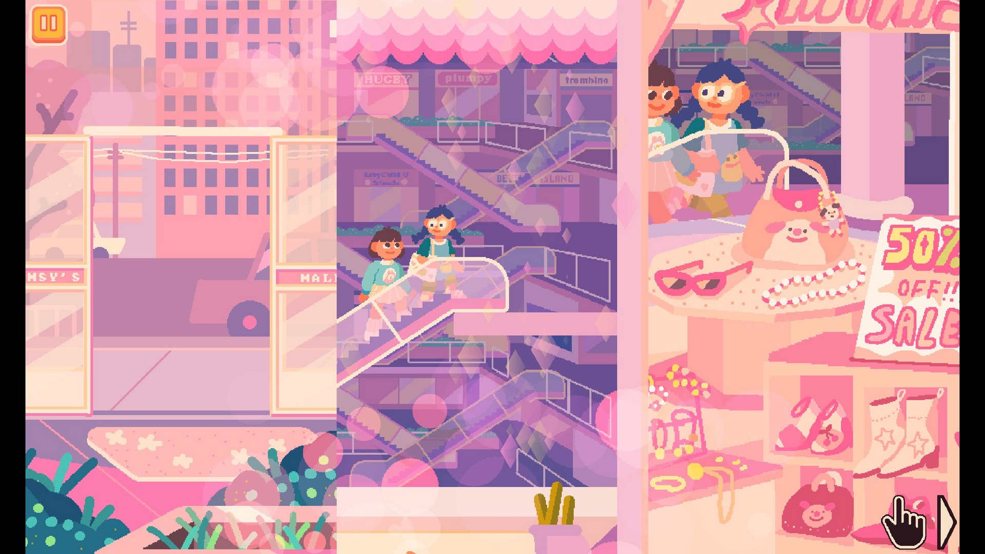 Jenny and her friend go shopping in Consume Me, three vertical panels showing pastel pink and purple hues for each scene
