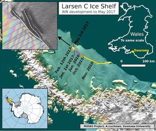 The Larsen C ice crack has a new branch, which formed at the end of April.