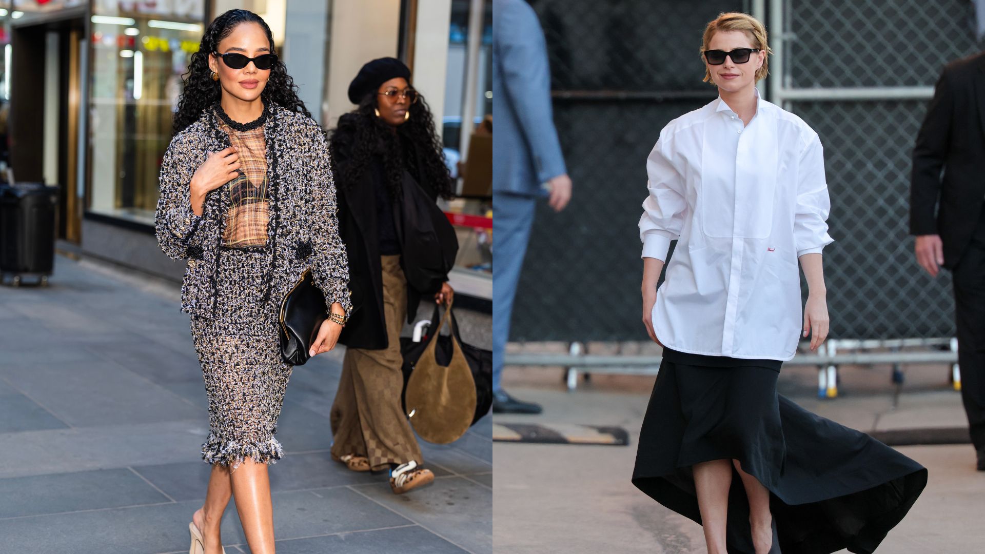 Collage of Tessa Thompson and Jessie Buckley wearing dipped toe heels.