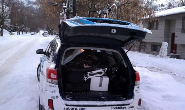 Subaru Outback loaded with everything I own, ready to chase the three B's