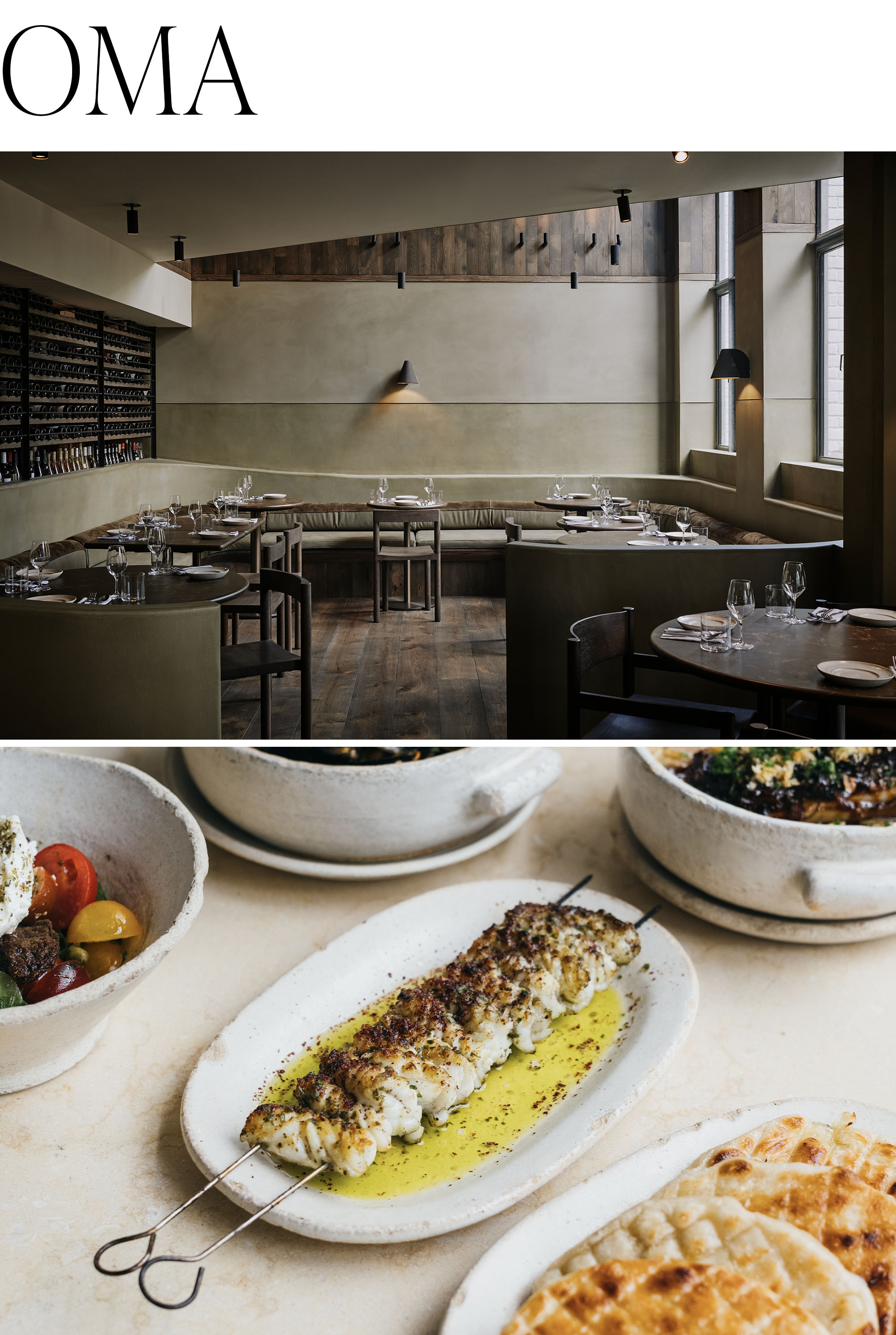 Collage of the interior of London's Oma restaurant and a sampling of its popular dishes.