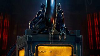 A portion of a sci-fi movie poster depicting an alien creature on a containment cell