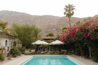Casa Cody hotel in palm springs showing swimming pool and bougainvilleas