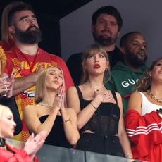 Rapper Ice Spice, NFL player Jason Kelce, singer Taylor Swift and actress Blake Lively react prior to Super Bowl LVIII between the San Francisco 49ers and Kansas City Chiefs at Allegiant Stadium on February 11, 2024 in Las Vegas, Nevada.