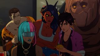 Flambee, Prism, Malevola, Invisigal, and Golem at the taco restaurant in Dispatch