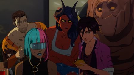 Flambee, Prism, Malevola, Invisigal, and Golem at the taco restaurant in Dispatch