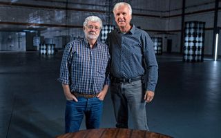James Cameron (left) stands with "Star Wars" creator George Lucas.