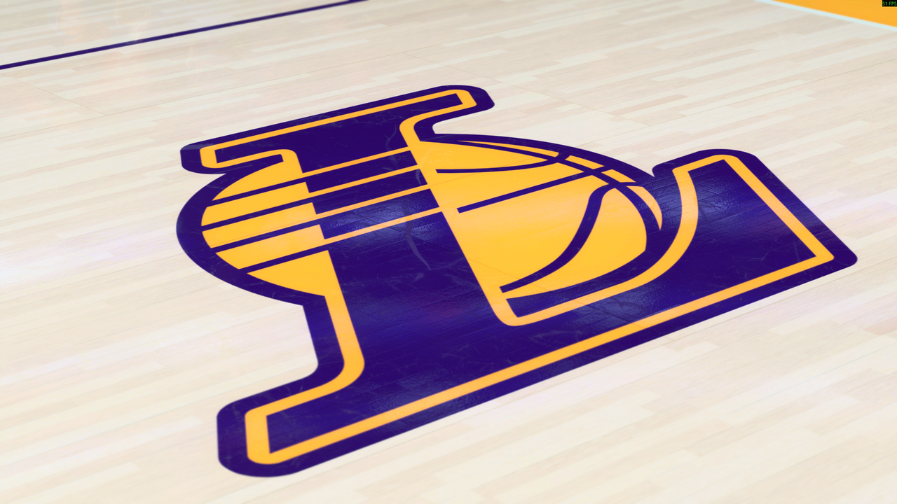 The LA Lakers symbol on the surface of the basket ball court in NBA 2K27 with DLSS 5 on