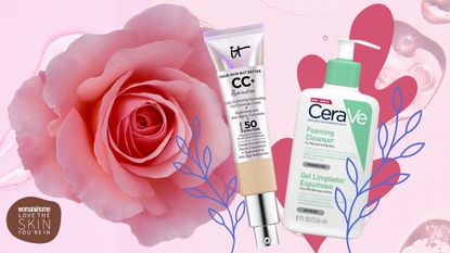 Skincare products on a floral background for an article on how to treat rosacea 