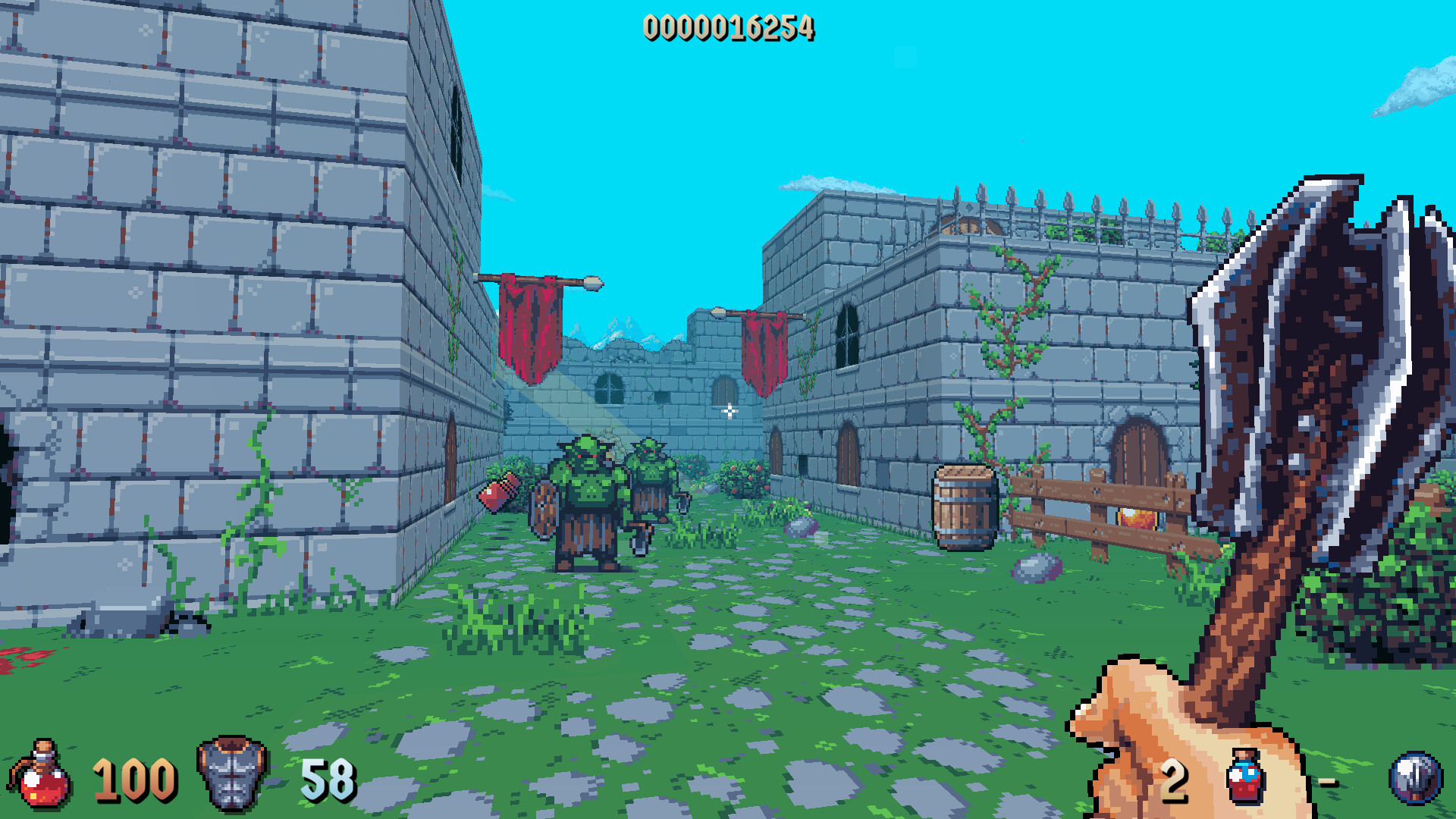 First person view of courtyard with goblins in foreground.