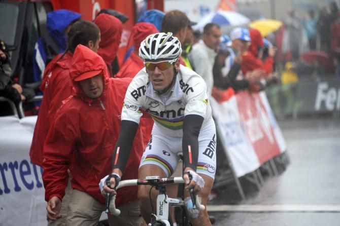 World champion Philippe Gilbert (BMC) at the finish line atop the Collada de la Gallina