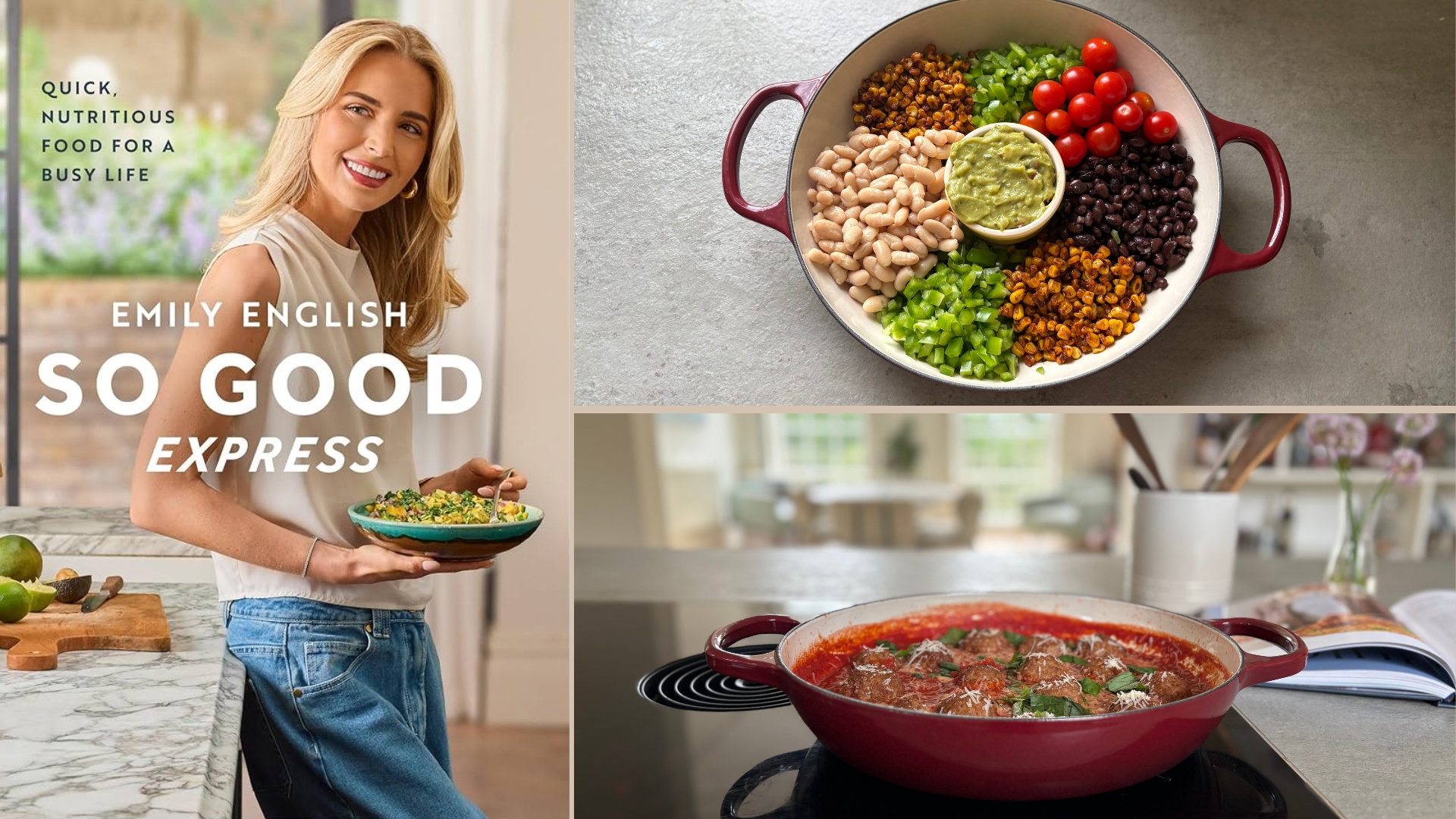 An image of Em The Nutritionist's new book SO Good Express next to two images of recipes made from her book: a salad and meatballs