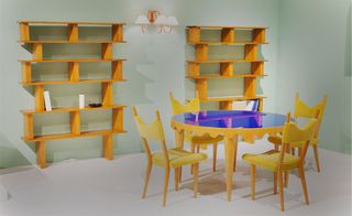 pine bookshelves, 'Baltique' chairs, 'Ondulation' table