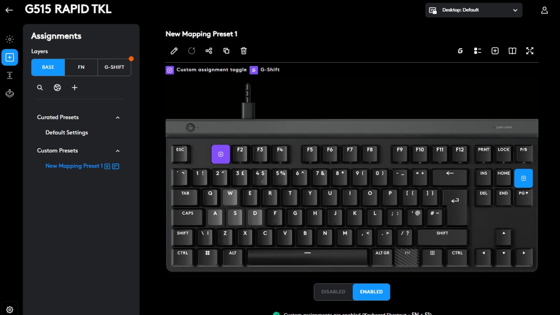 Logitech G Hub with Logitech G515 Rapid TKL gaming keyboard customization on screen