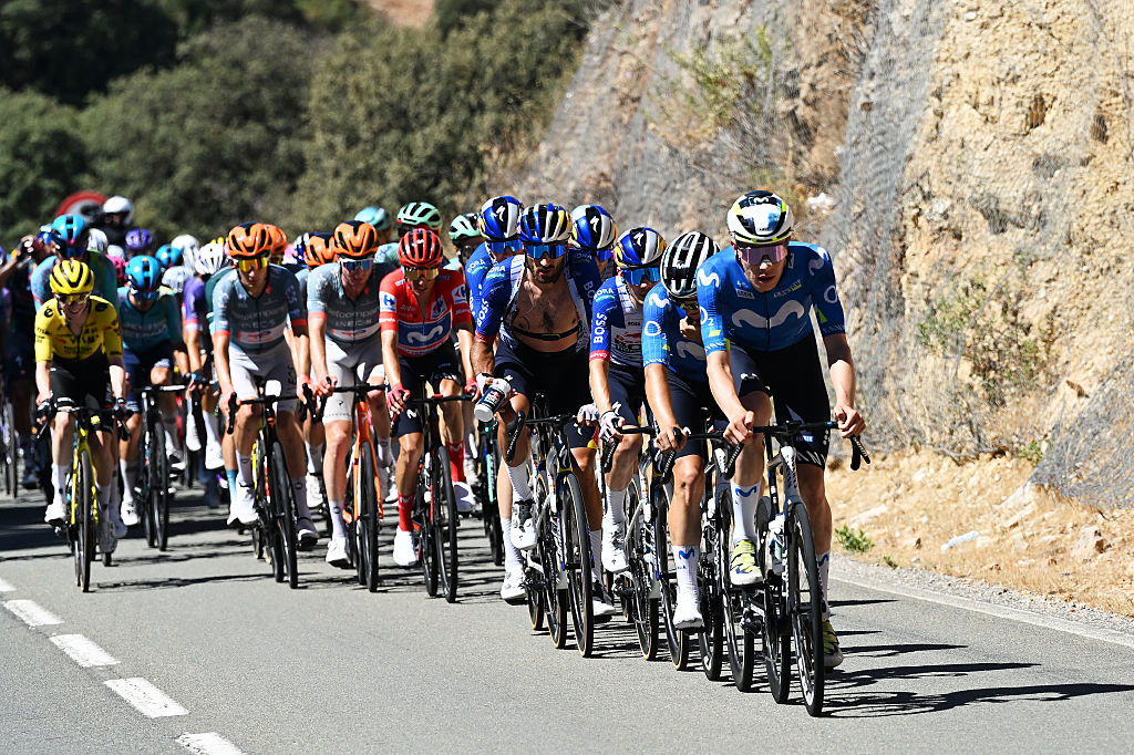 ESTEPONA&amp;#8203;, SPAIN - SEPTEMBER 11: Ivan Romeo of Spain and Movistar Team leads the peloton during the La Vuelta - 81st Tour of Spain 2026, Stage 19 a 210.8km stage from Velez-Malaga to Penas Blancas. Estepona 1274m / #UCIWT / on September 11, 2026 in Estepona, Spain. (Photo by Tim de Waele/Getty Images)