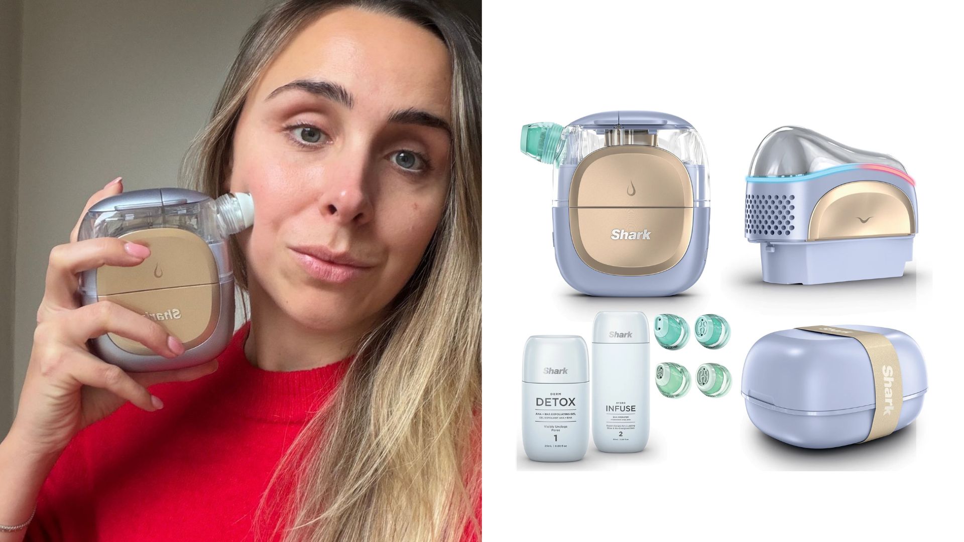 Shark Beauty Facialpro Glow + Depuffi at Home Facial next to an image of Emma using it