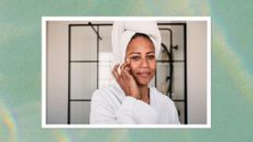 A green backdrop containing an image of a woman in a bathroom, wearing a dressing gown with a towel on her head, applying skincare