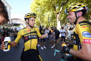 Tom Dumoulin (right) congratulates Jumbo-Visma teammate Wout Van Aert on his victory on stage 7 of the 2020 Tour de France