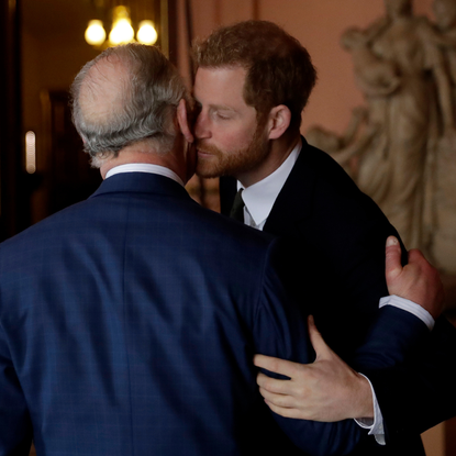 Prince Harry and Prince Charles, Prince of Wales arrive to attend the 'International Year of The Reef' 2018 meeting at Fishmongers Hall on February 14, 2018 in London, England.