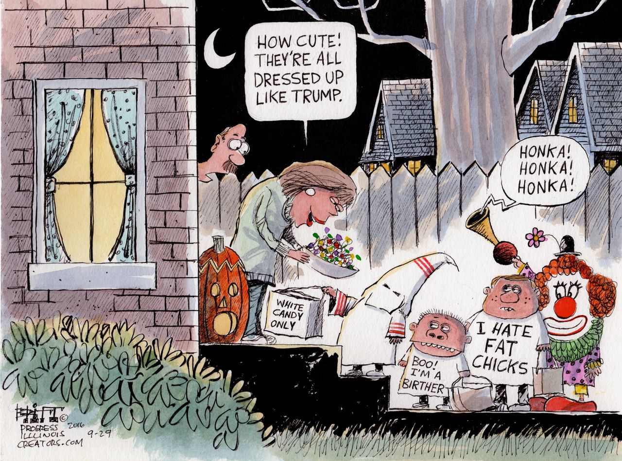 Editorial cartoon U.S. Halloween trick-or-treaters Donald Trump costumes