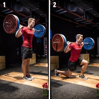 Bradley Simmonds performs the barbell reverse lunge