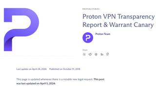 Screenshot of Proton VPN's Warrant Canary and Transparency Report