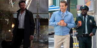 Hugh Jackman in Reminiscence, Ryan Reynolds and Lil Rel Howery in Free Guy, pictured side by side