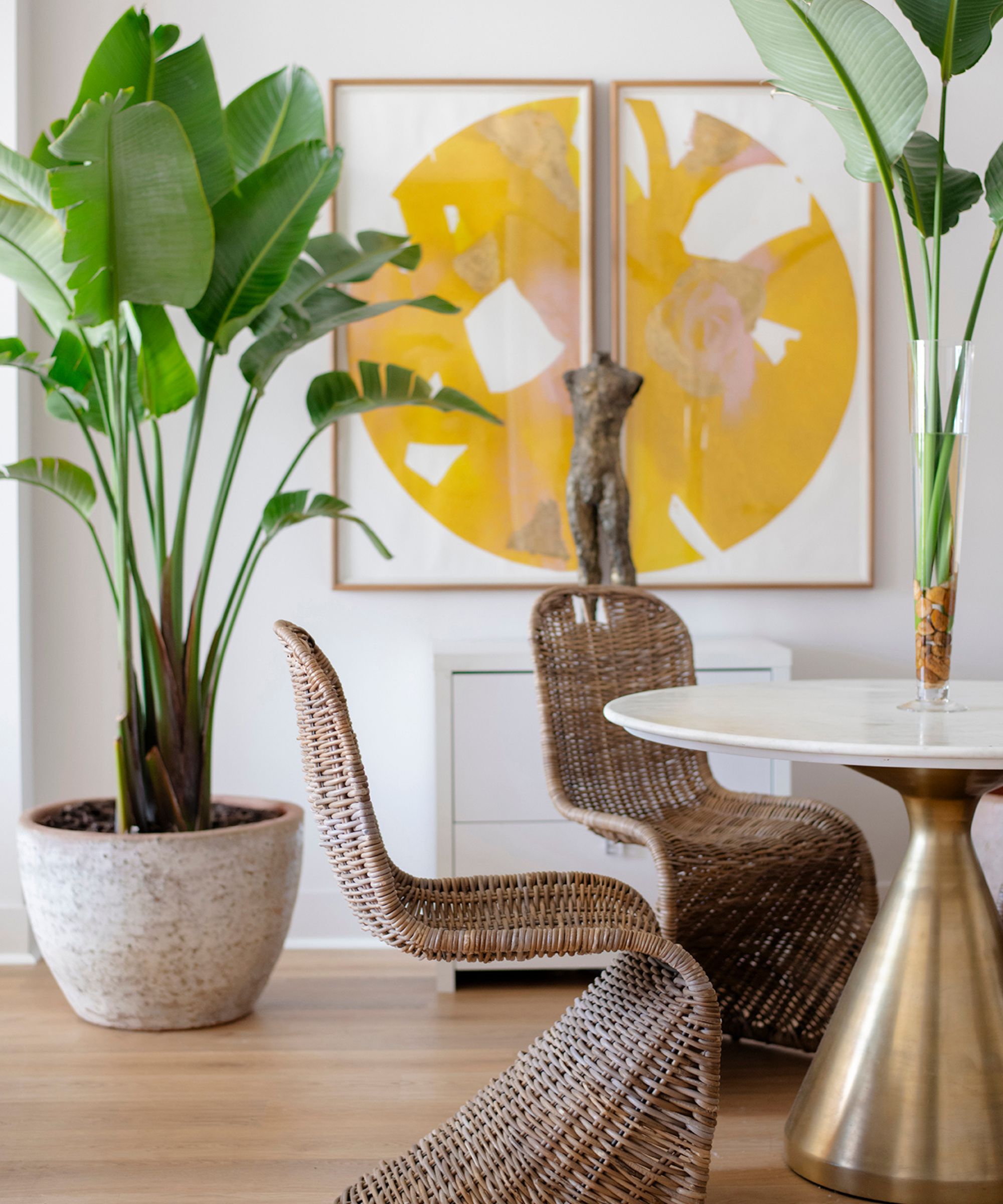 Vibrant dining room with two frames resembling a circular, abstract, yellow design, a large plant in ceramic vase, two curved wicker chairs, and sleek table with flowers in vase, on wooden floor.